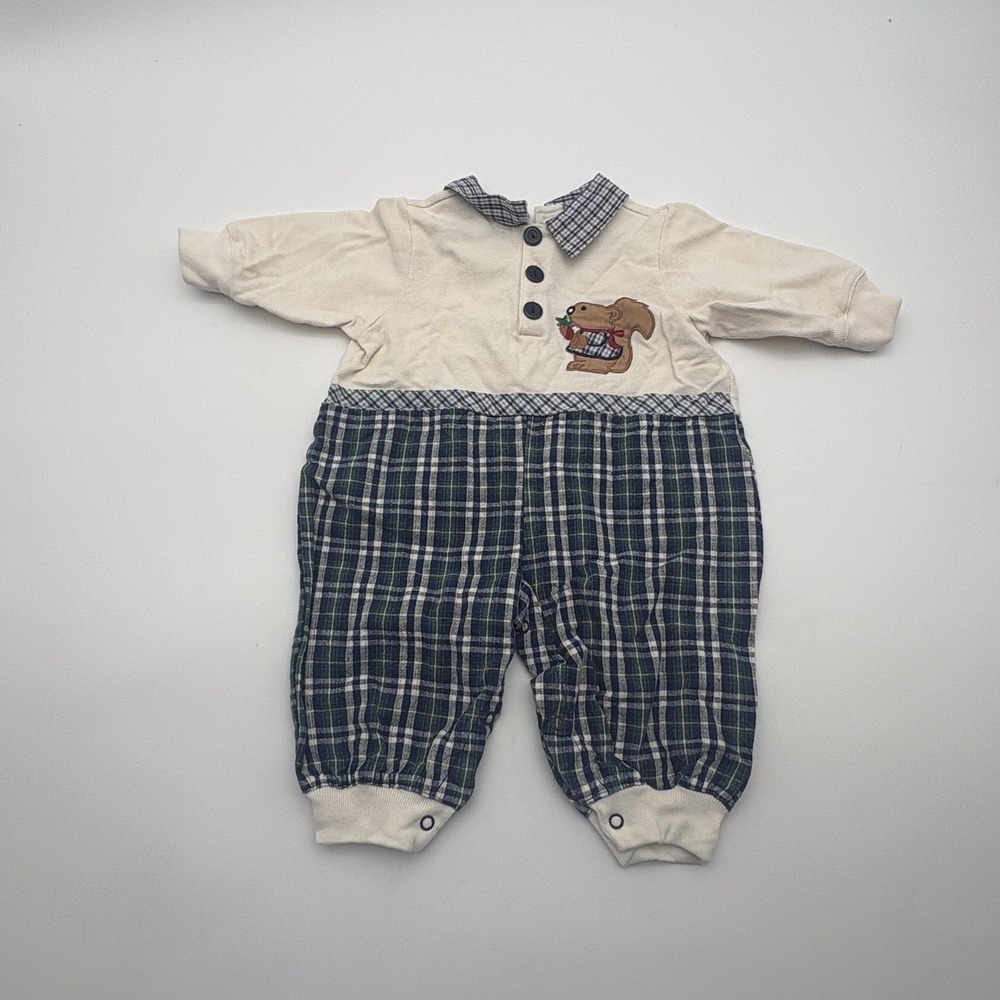 Plaid Squirrel Coverall Boys 6-9 Months Blue Collared Knit Button One Piece‎